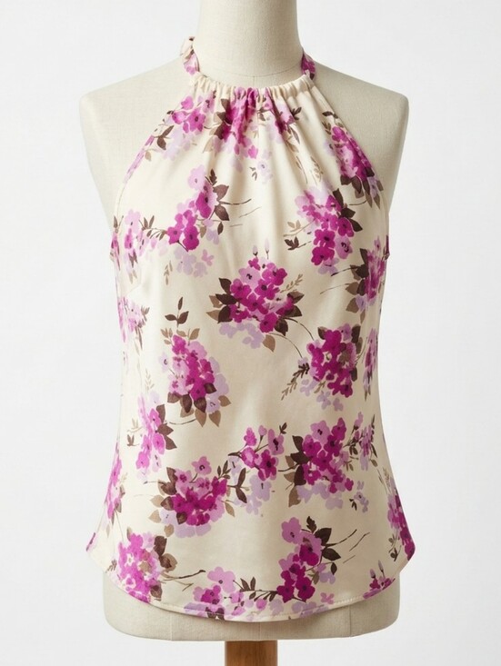 LOFT Tops - LOFT Ann Taylor 100% Silk Floral Halter Top Cream Pink Purple Lilac • SIZE SMALL